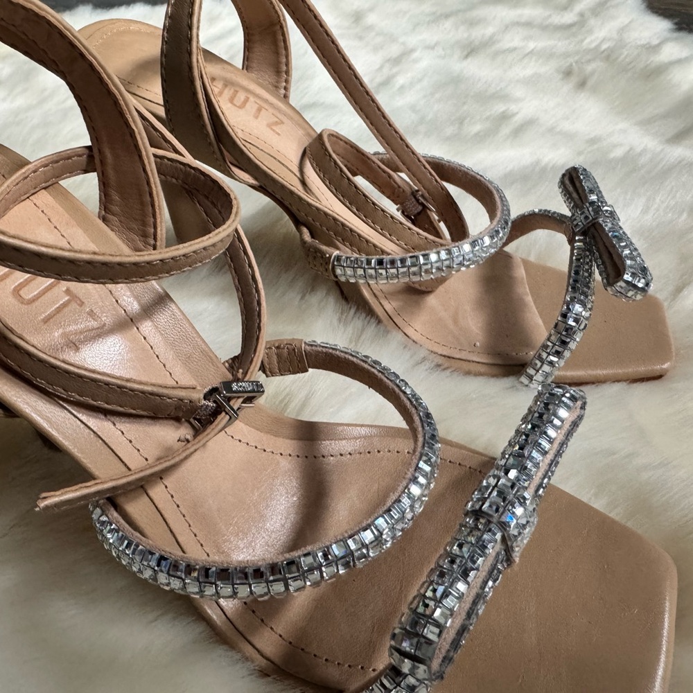 Schutz Tan Strappy Sandals with Rhinestone Accents